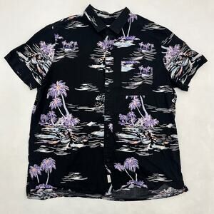 American Eagle Outfitters Mens L Hawaiian Aloha Shirt Black Graphic Short Sleeve